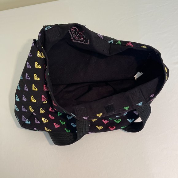 Roxy Bag Blue Green Yellow Pink Hearts Black Tote Bag Canvas - Picture 2 of 5